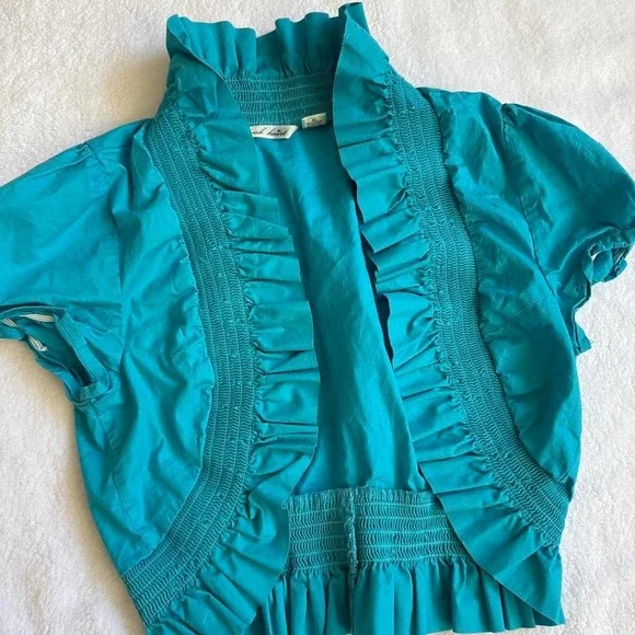 70s retro blue cropped ruffled blouse blazer - Picture 2 of 3